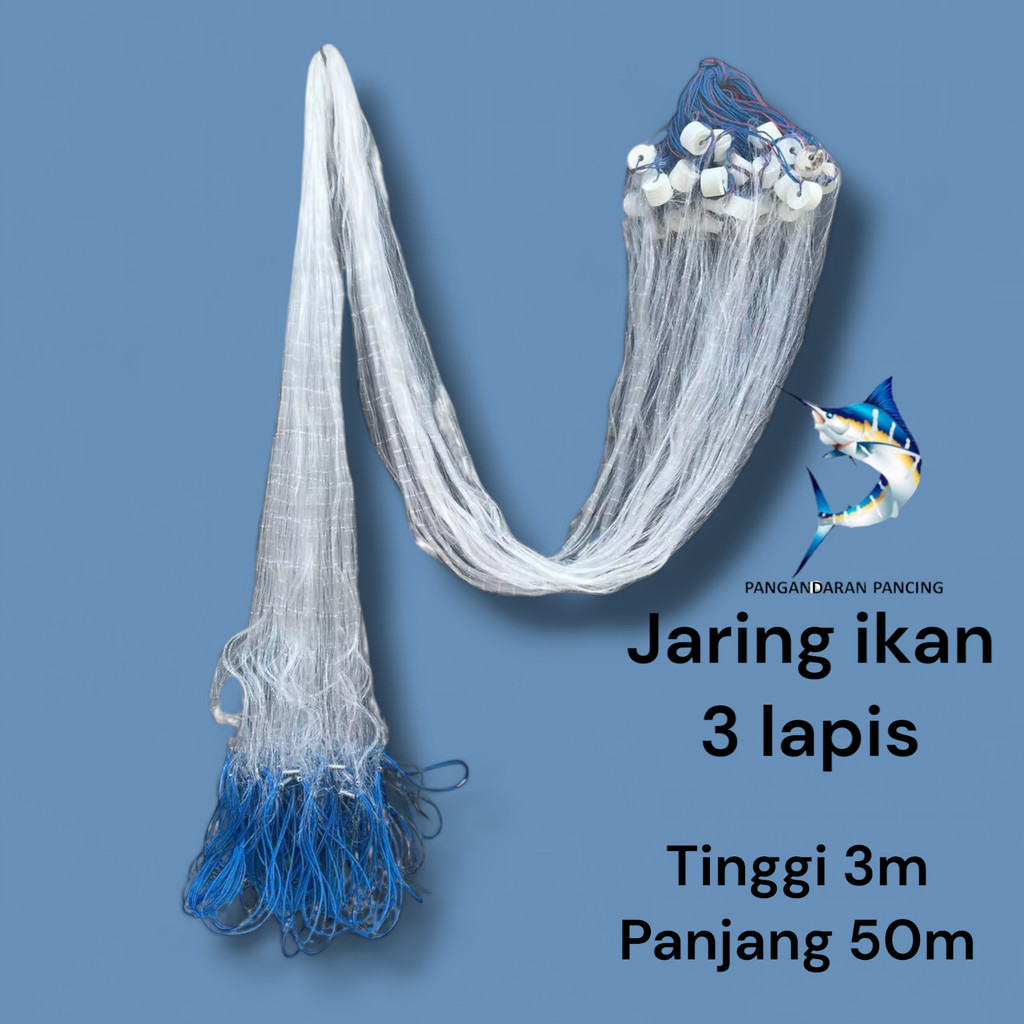 Jaring ikan 3 lapis tinggi 3m panjang 50m pemberat timah jaring dalam 13/4in senar 0,20mm jaring lua