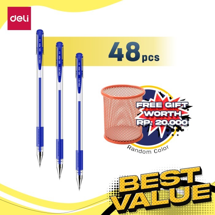 

[New Arrival] Deli Combo ATK Ekonomis 48pcs Gel Pen 0.5mm Free Tempat Pulpen 6600ES - Biru, 48pcs