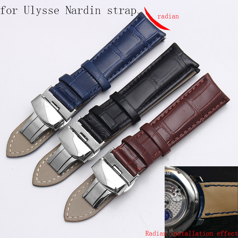 shengmeirui for Ulysse Nardin strap CLASSIC MARINE black brown Blue Curved Leather Strap Men's Brace