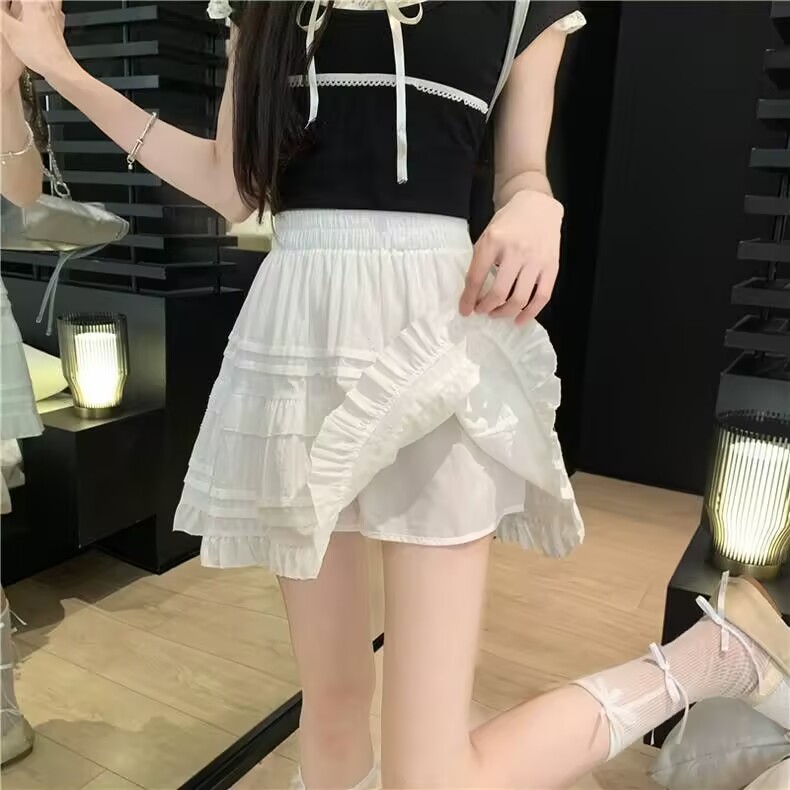 Rok Pendek Putih Gaya Korea Rok Kue Pinggang Tinggi Rok Pendek Wanita Model A Line