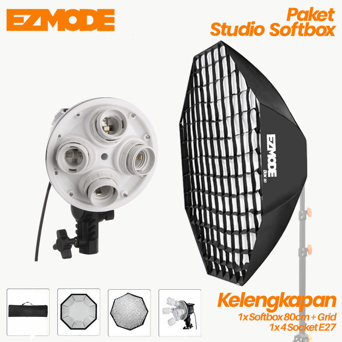 EZMODE 4 Socket E27 Lamp Softbox Octagon 80cm with Grid+Stand Lighting