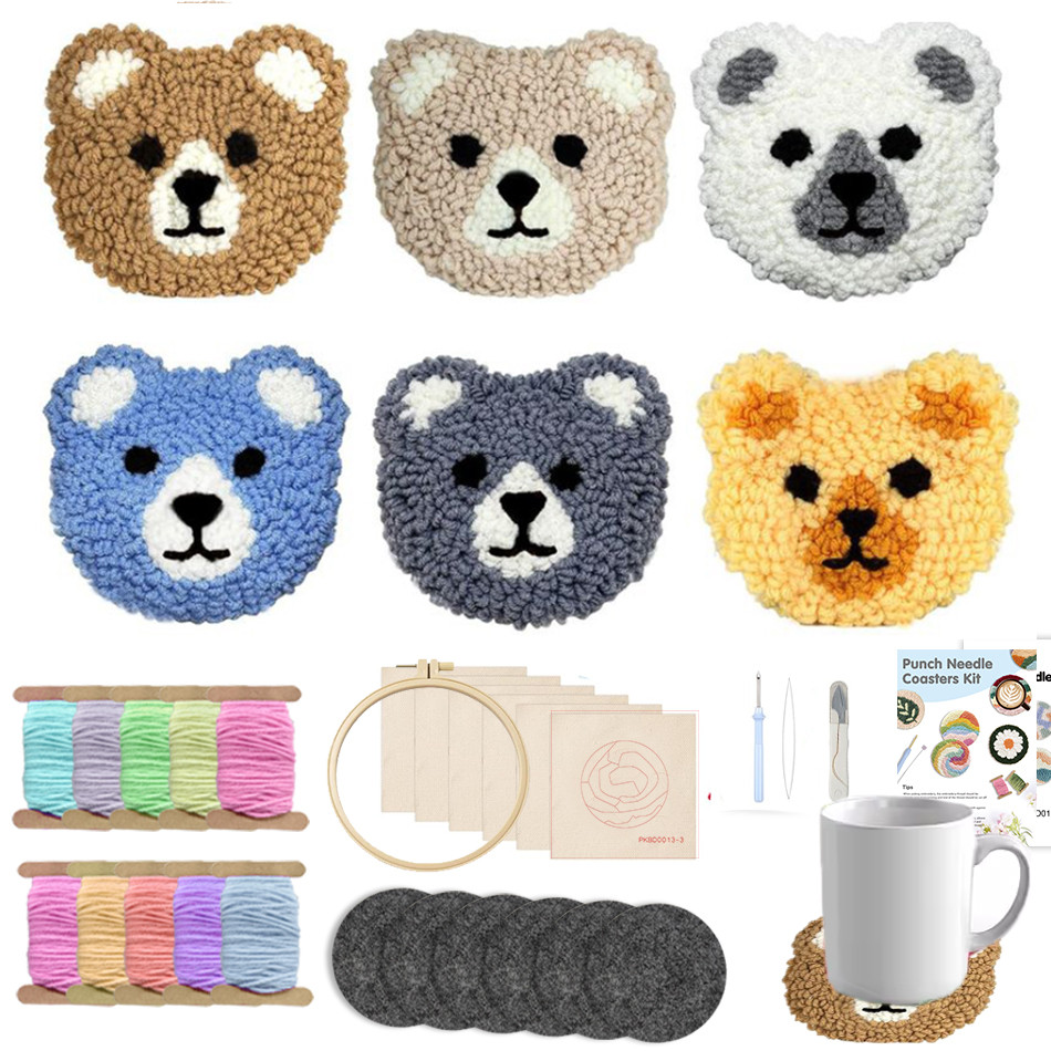 

6Pcs Bear Pattern Craft Punch Needle Coaster Kit Easy Punch Needle Embroidery Kit for Beginners DIY Set Tufting Coaster Gifts