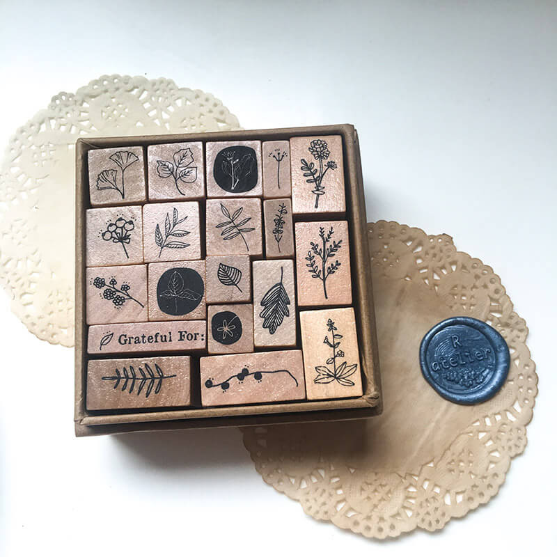 

Mini Flower Stamp Set Scrapbooking Supplies 19 Botanical Leaf Rubber Wooden Stamps
