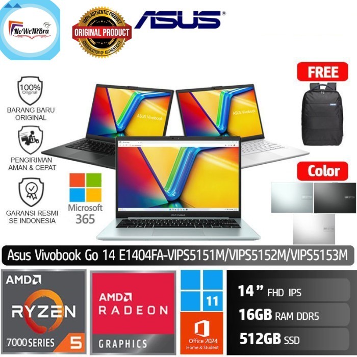 Asus E1404FA-VIPS5151M VIPS5152M VIPS5153M R5 7520U/16GB/512GB/14" FHD/W11+OHS+M365 Vivobook Go 14 -