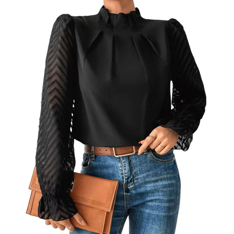 Urban Atasan Wanita Hitam Lengan Lonceng Kerah Daun Teratai Panjang Cewek Casual Dewasa Baju Katun K