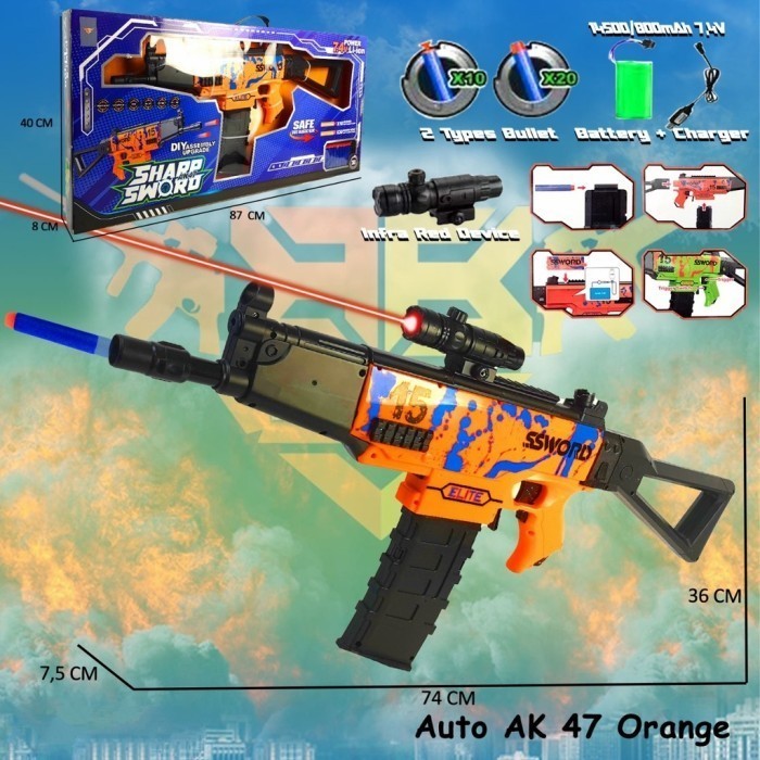 Mainan tembakan peluru busa automatic shot NERF AKM M16 BEST QUALITY - AKM ORANGE