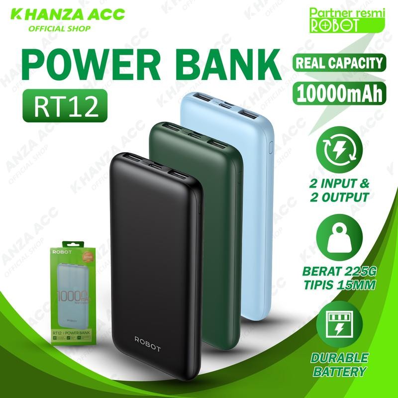 

KHANZAACC PowerBank ROBOT 10000mAh RT12 Dual Input Port Type C & Micro USB Green White