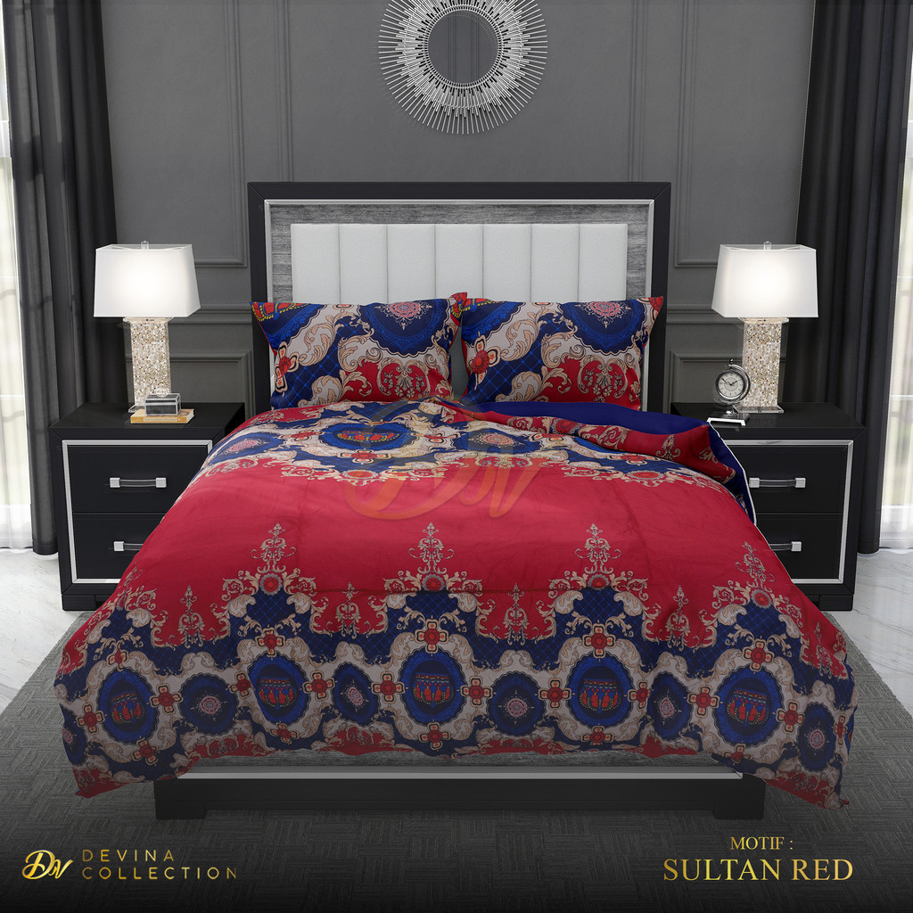 Devina Collection Bedcover Sprei Set Karet Anti Geser Motif Classic Sultan Red  Uk King 180x200