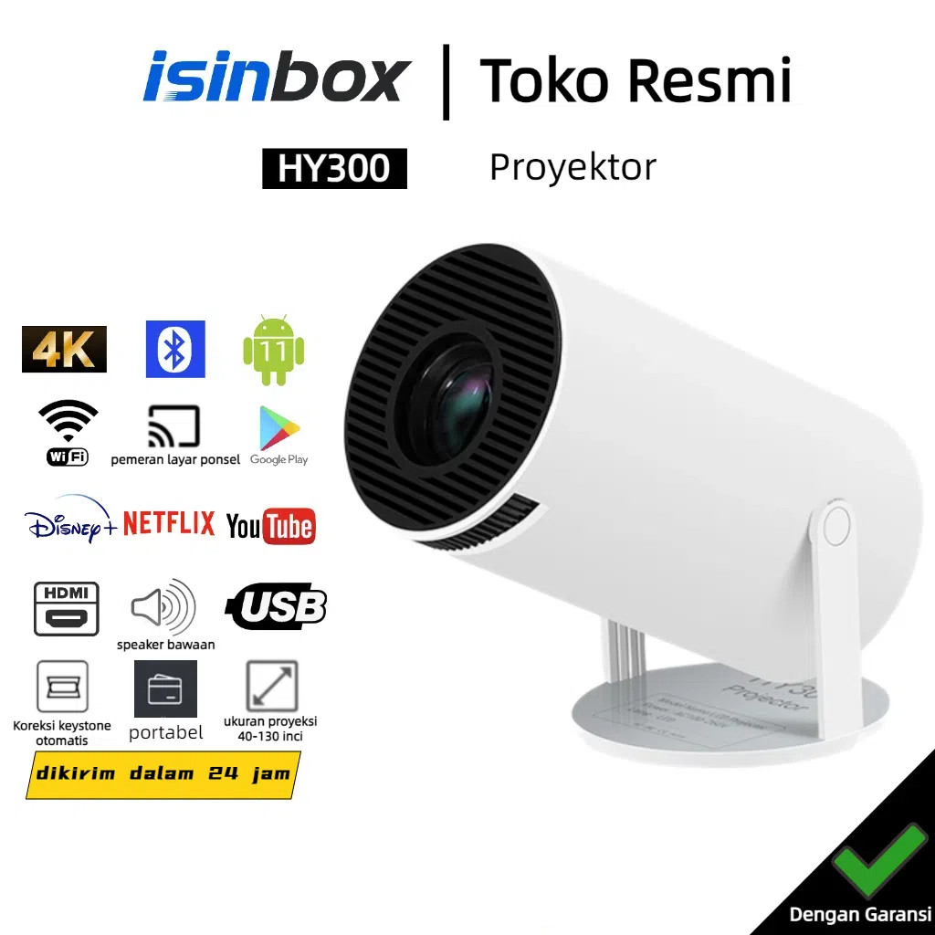 iSinbox HY300 Proyektor Android 11.0 Bluetooth Proyektor 2.4+5G Wifi 6 Portabel Mini LCD Proyektor S