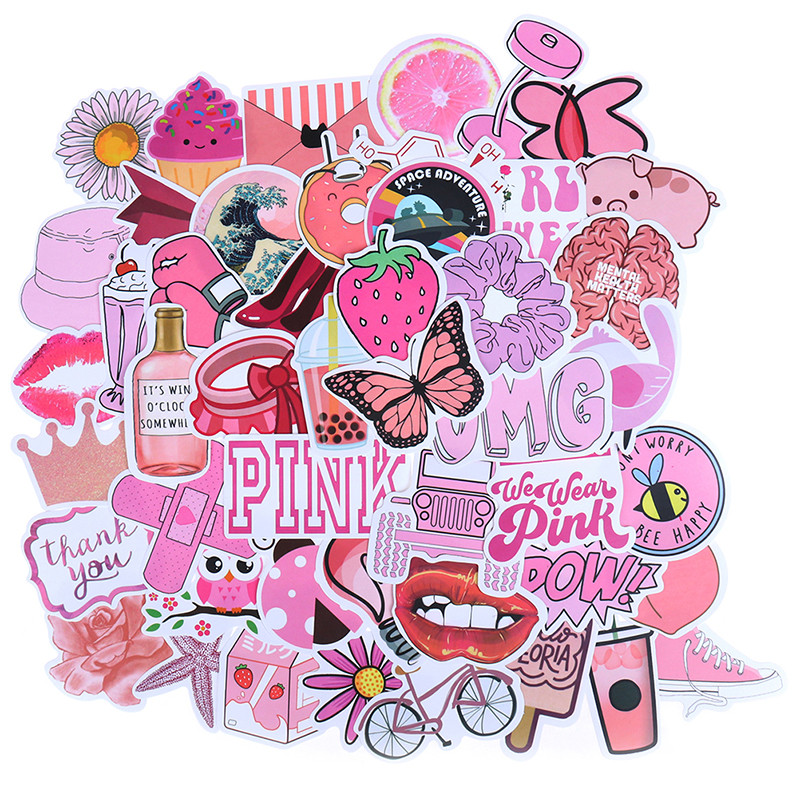 

50Pcs Cartoon Pink Girls Stickers DIY Suitcase Laptop Guitar Bicycle Car Decals