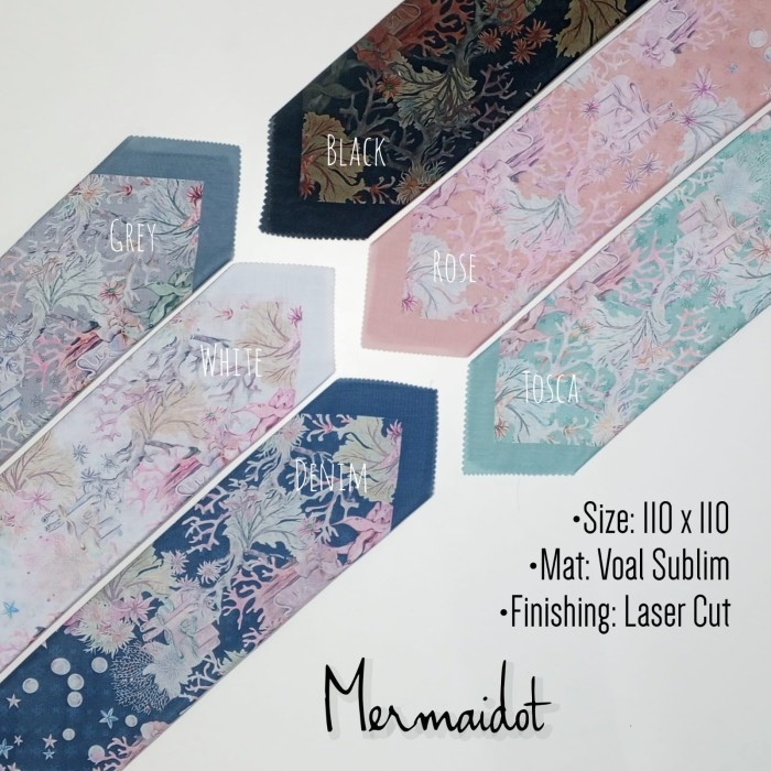 Hijab (Mermaidot) jilbab kerudung segiempat motif biru navy denim, abu grey, hijau tosca, putih, ora