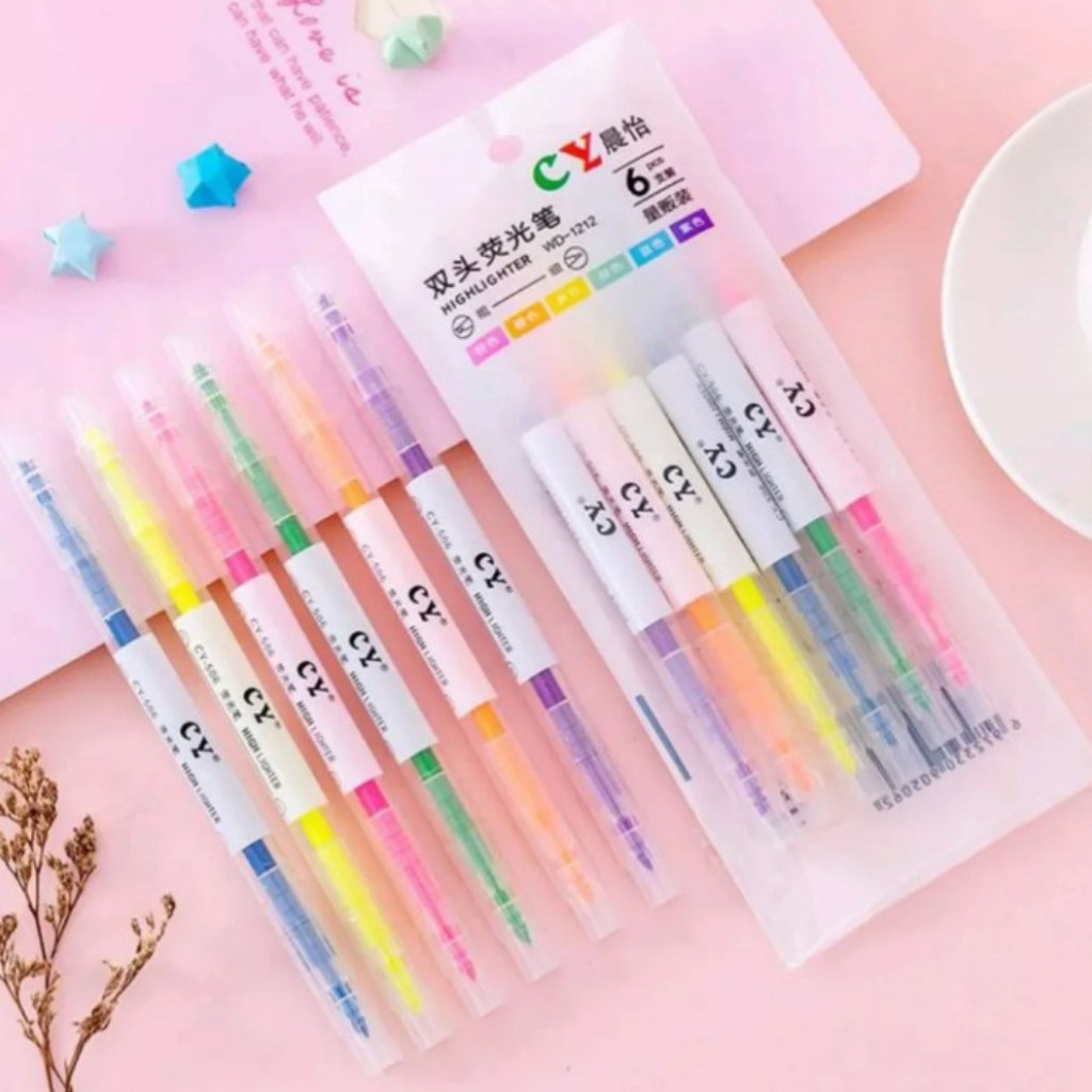 

HH [6pcs] Stabilo warna warni 2 sisi highlighter 2 arah Warna Random Isi 6 pcs
