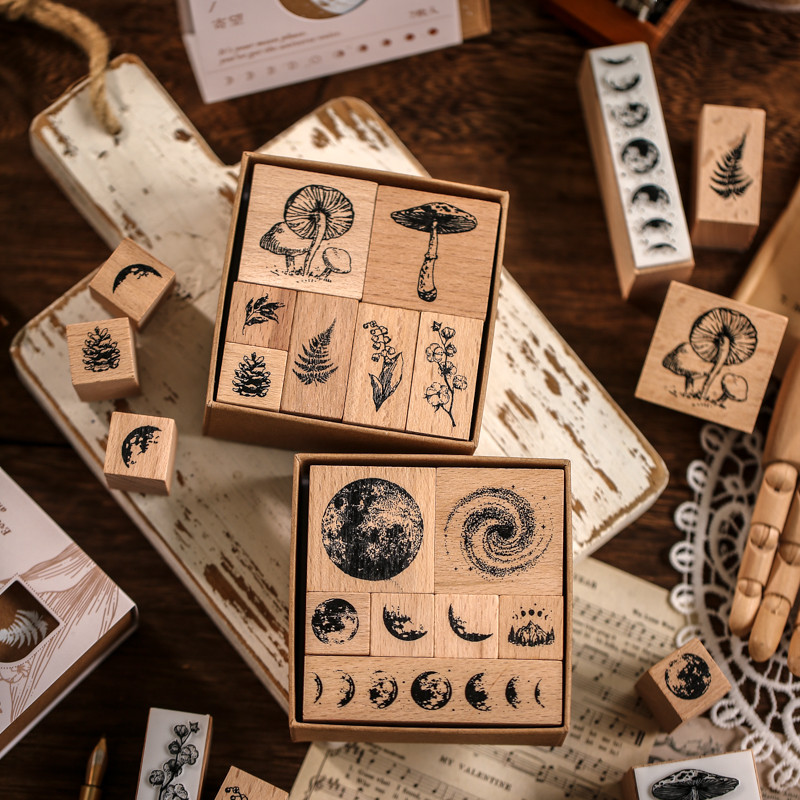 

Yoofun 7pcs/set Vintage Plants Phases Of The Moon Standard Wood Stamp Wooden Rubber Stamps for Scrapbooking Stationery DIY Craft