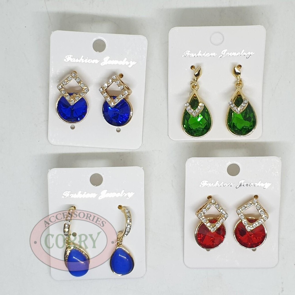 Anting Emas Berlian Batu Biru Biru Hijau Merah Ear Piece Earings