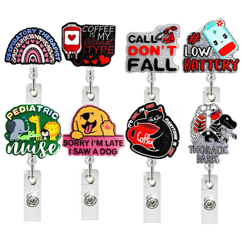 

Glitter Acrylic Cute Animals Badge Reel Retractable ID Badge Holder With 360 Rotating Alligator Clip Nurse Name Holder