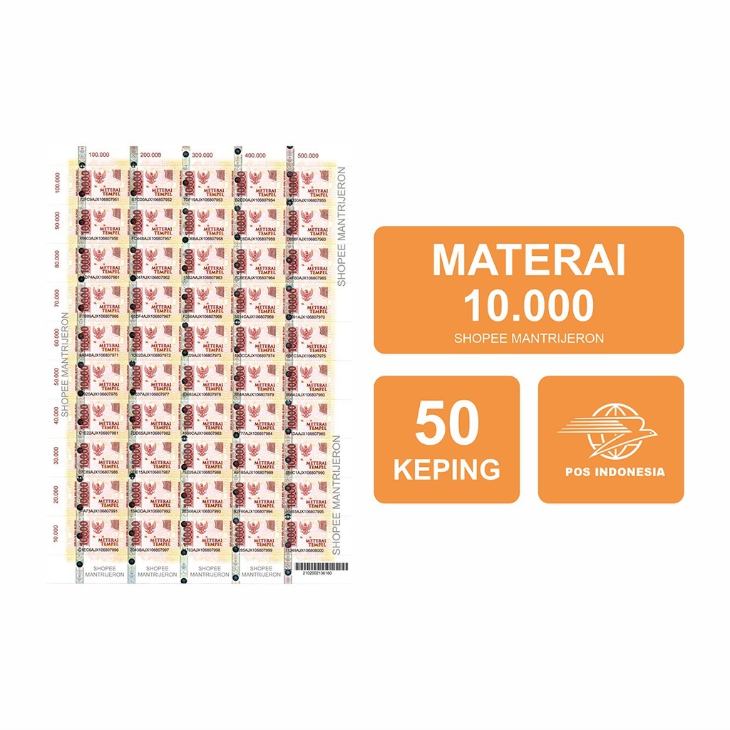 

Materai 10000 Meterai Tempel 10.000 Sepuluh Ribu Rupiah Asli Original Fullsheet TERUJI LOLOS SINAR UV ULTRAVIOLET - MATERAI BARU BUKAN BEKAS 100% ORIGINAL POS( Gratis Ongkir ) /1 PCS