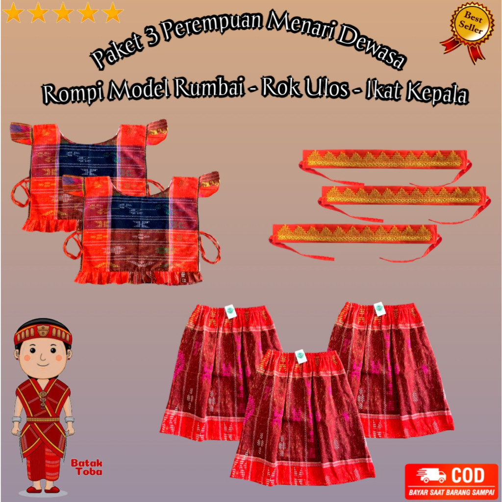 Paket 3 Perempuan Menari Dewasa / Rompi Ulos Model Rumbai / Rok Ulos / Ikat Kepala / M A