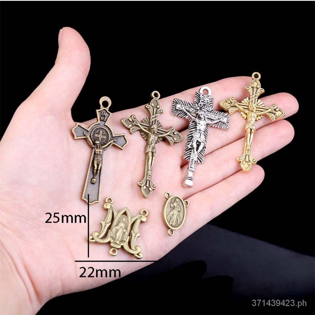 10 pcs Kalung Rosario Salib Perunggu Konektor Kalung Patung Yesus Kristus Gelang Segitiga DIY Akseso