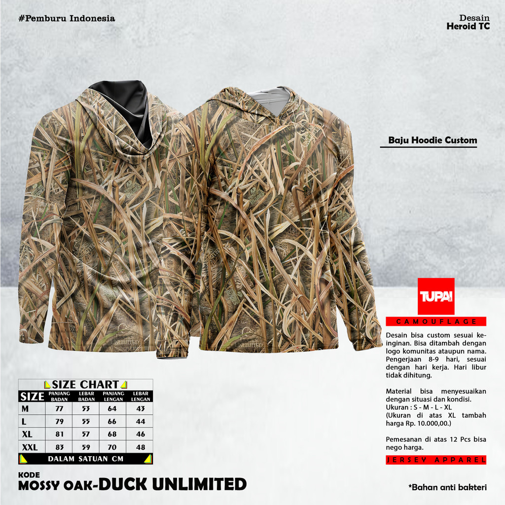 Kaos Berburu - Baju Hoodie Camo Motif Alang-Alang Kering Bahan Jersey Dryfit Uk M - 5XL