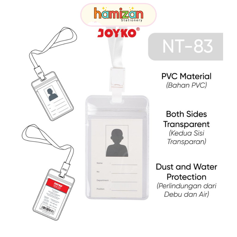 

( 1 set ) Joyko NT-83 Name Tag Id Card Transparant / Gantungan Kartu Nama Plastik Vertical Lanyard Potrait Motif Polos Warna Putih / Tanda Pengenal PVC Bening Horizontal 2 sisi / Nametag Murah Berkualitas