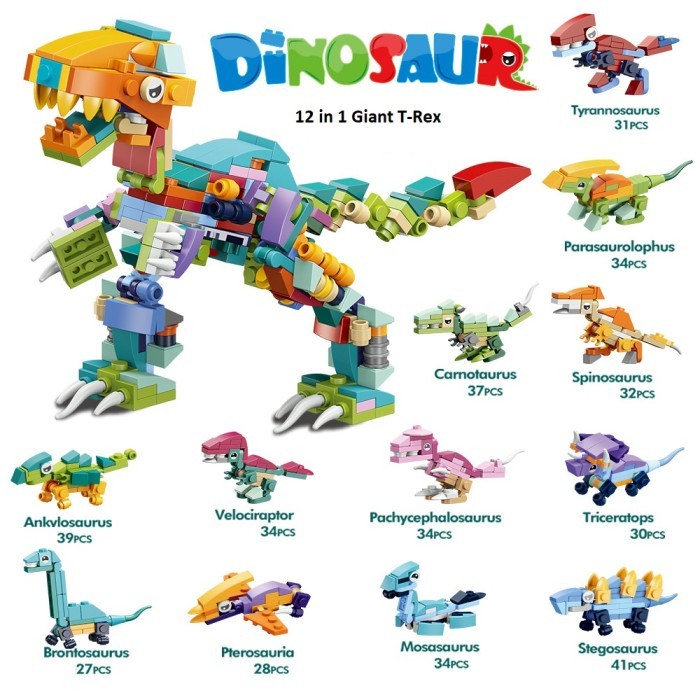 DF34ED [LOGU] Mainan brick kecil, brick block kombinasi 12 in 1 dinosaurus, animal