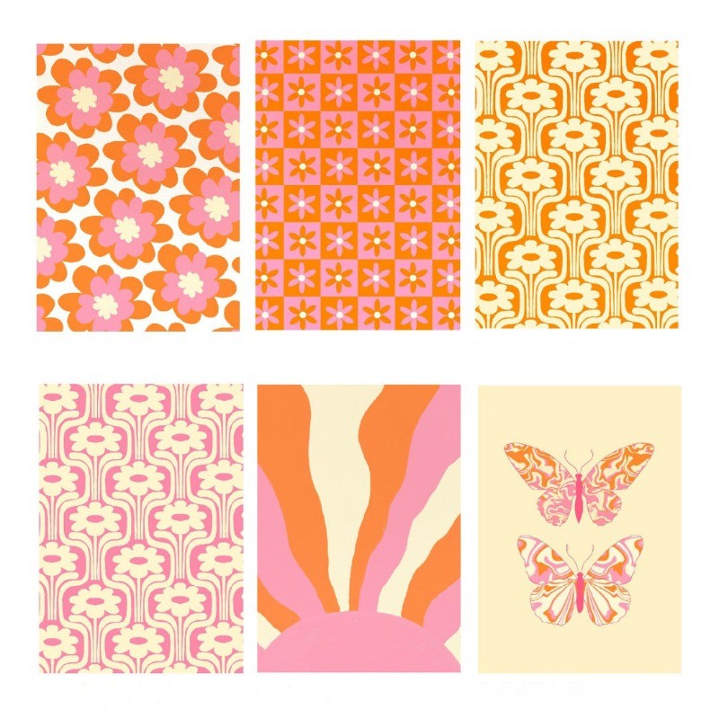 

70s Aesthetic Bundle Posters Vintage Pink and Orange Flower Butterfly Bright Canvas Painting Wall Art for Living Room Home Decor