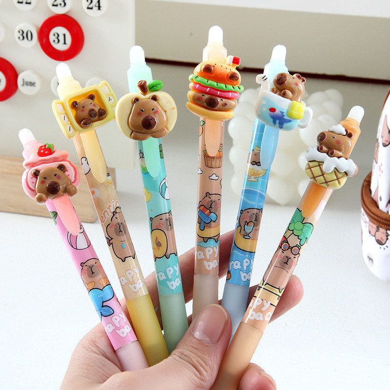 

6Pcs Cute Cartoon Capybara Pressing Gel Pens Kawaii Quick-Drying Erasable Pens Office School Supplies Student Stationery Gifts