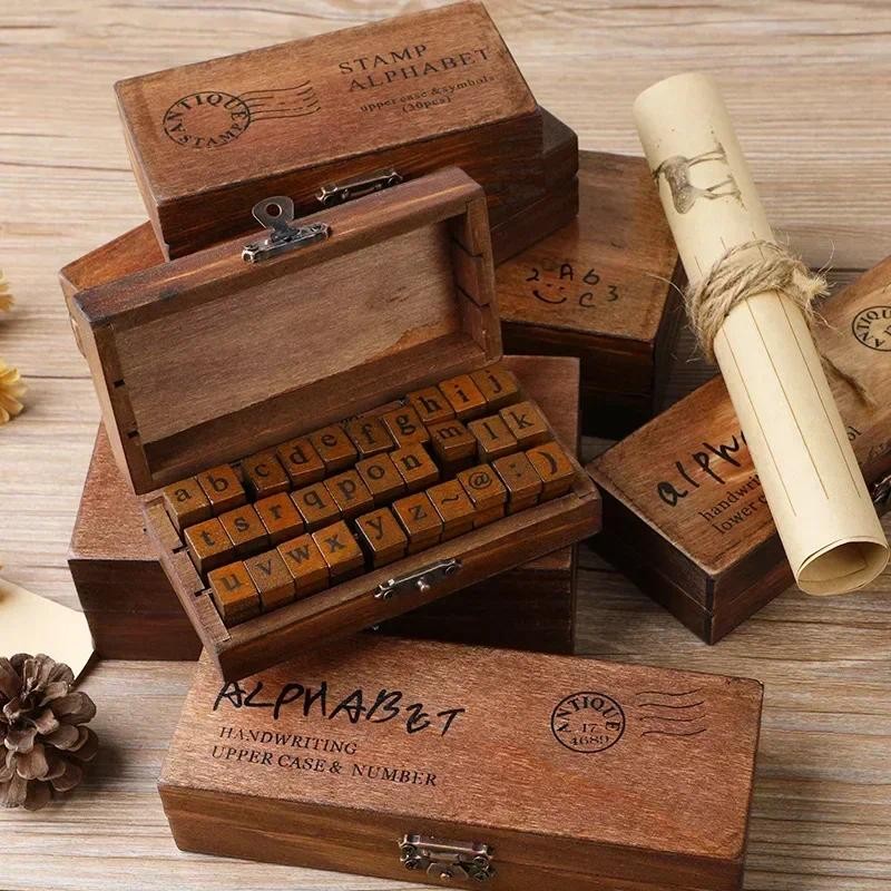 

Wooden Alphabet Letter Stamps Vintage Uppercase Lowercase Letter Rubber Stamps DIY Self Ink Pad Diary Ablum Handmade Art Craft