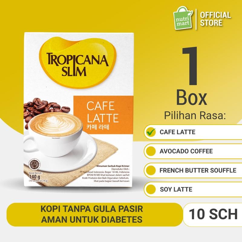 

Tropicana Slim Coffee Sugar Free 10 Sachet - Cafe Latte / Avocado Coffee / Soy Latte / French Butter Souffle - Kopi Bebas Gula Pasir Rendah Kalori