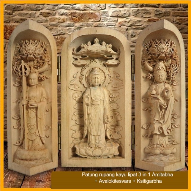 Patung Rupang Kayu Lipat 3 in 1 Amitabha & Avalokitesvara & Ksitigarbha