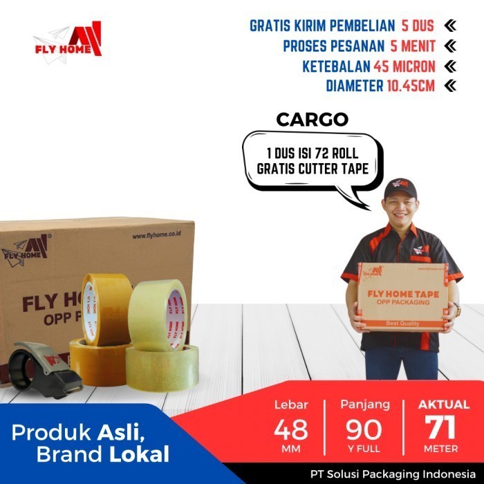 

FLYHOME Lakban bening coklat 2inci 90yard 48x90yard 1dus 72roll ukuran FULL CARGO