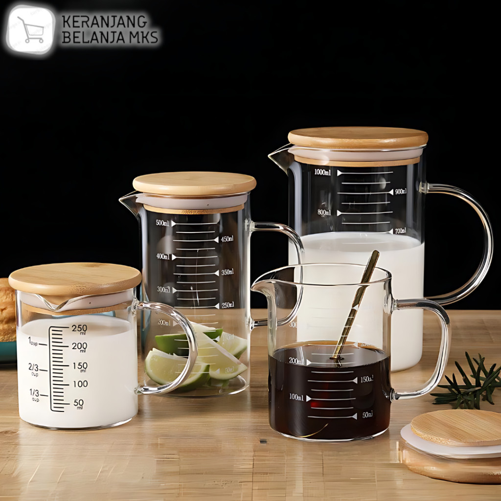 Gelas Takar Tutup Kayu 350/500/1000 ml Measuring Jug Glass Cup Gelas Ukur Tahan Panas Tutup Kayu