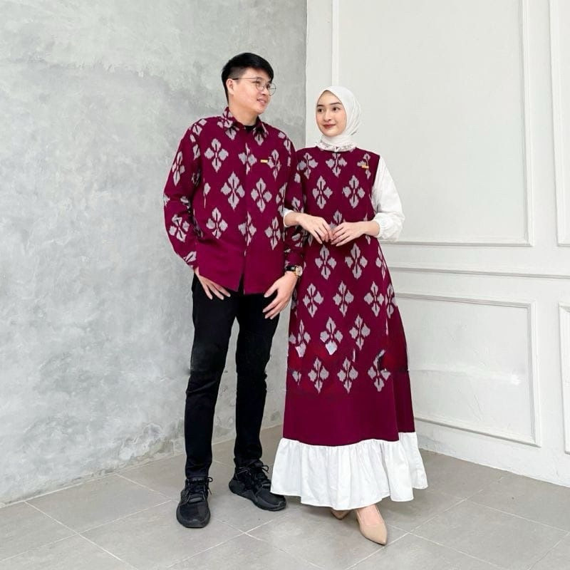 Maroon dress - set couple merah - set baju couple tenun kondangan - baju couple Raya keluarga - set 