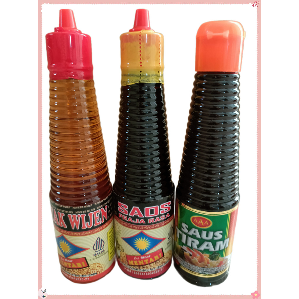 

Paket Mix Isi 3 Botol - Minyak Wijen Cap Sinar Mentari 150 ml, Praja Rasa Cap Sinar Mentari 150 ml, Saus / Saos Tiran AAA 140 ml