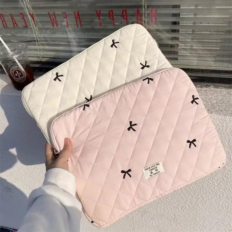 

Puffy Laptop Sleeve Bag Embroidered Bow Design Notebook Carrying Case For macbook ASUS HP 13-14.2 Inch Girl Computer tablet Bag
