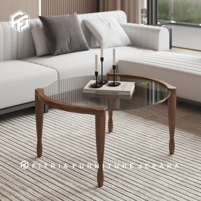 Coffe Table Kayu Jati Top Kaca / Coffe Table Kaca / Coffe Table Bulat