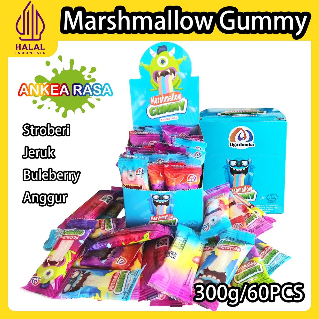 

Tiga domba 2 box 60 Pcs-Marshmallow Gummy-Aneka Rasa Buah: Stroberi,Jeruk,Buleberry,Anggur