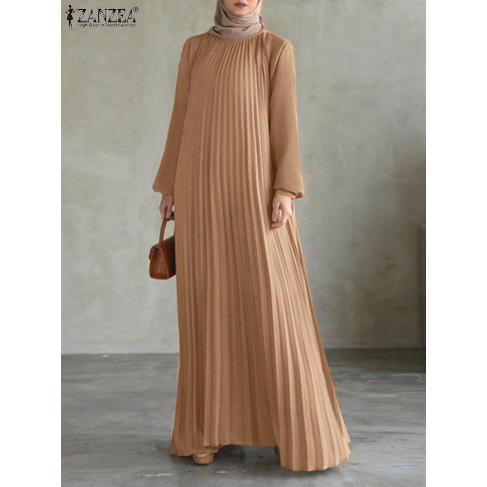 Fashion Women Long Lantern Sleeve Muslim Dress Abaya ZANZEA Autumn Spring Pleated Sundress Islamic M