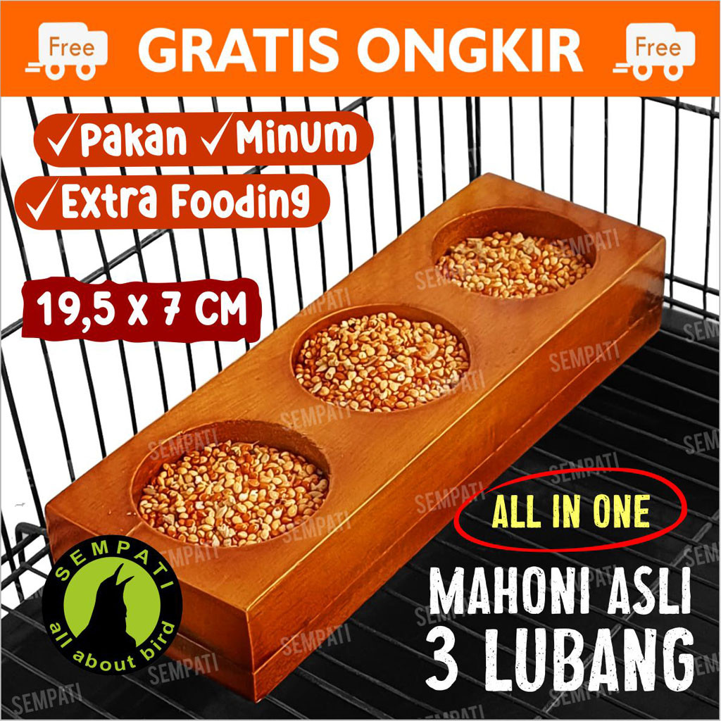 SEMPATI WADAH PAKAN HEWAN BURUNG HAMSTER KAYU 3 LUBANG CEPUK WADAH TEMPAT MAKAN MINUM BURUNG LOVEBIR