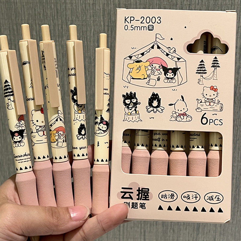 

6Pcs Cartoon Cute Sanrio Quick Drying Black Ink Gel Pens School Supplies Kawaii Kuromi Hello Kitty Stationery Set Pressing Pen