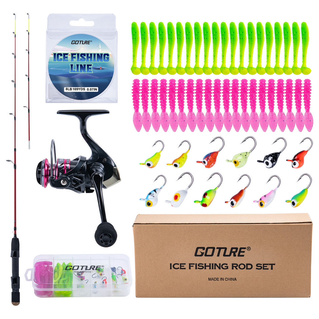 Goture 31”2 Tips Ice Fishing Rod Set M Carbon + MH Fiberglass Ultralight Pole with Trolling Reel Fis