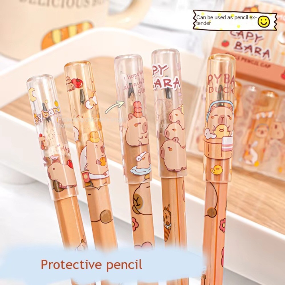 

6Pcs Pack Kawaii Capybara Protective Pen Cover Transparent Pencil Cap Aesthetic Stationery Items Back To School Primary Supplies
