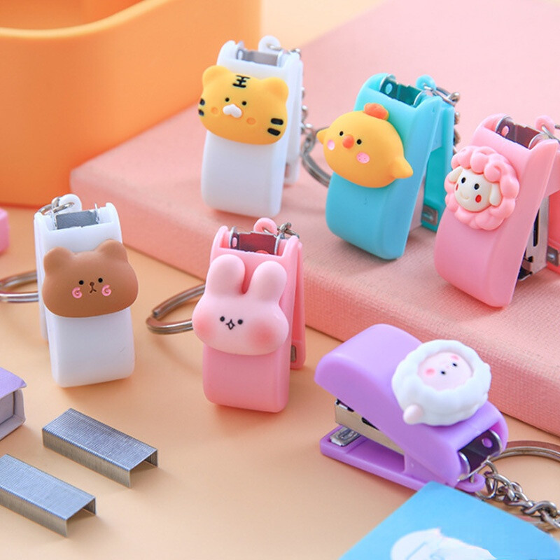 

Cartoon Mini Stapler Keychain Kawaii Animal Trumpet Stapler Book Paper Binding Machines Student Stationery Cute Desk Accessories
