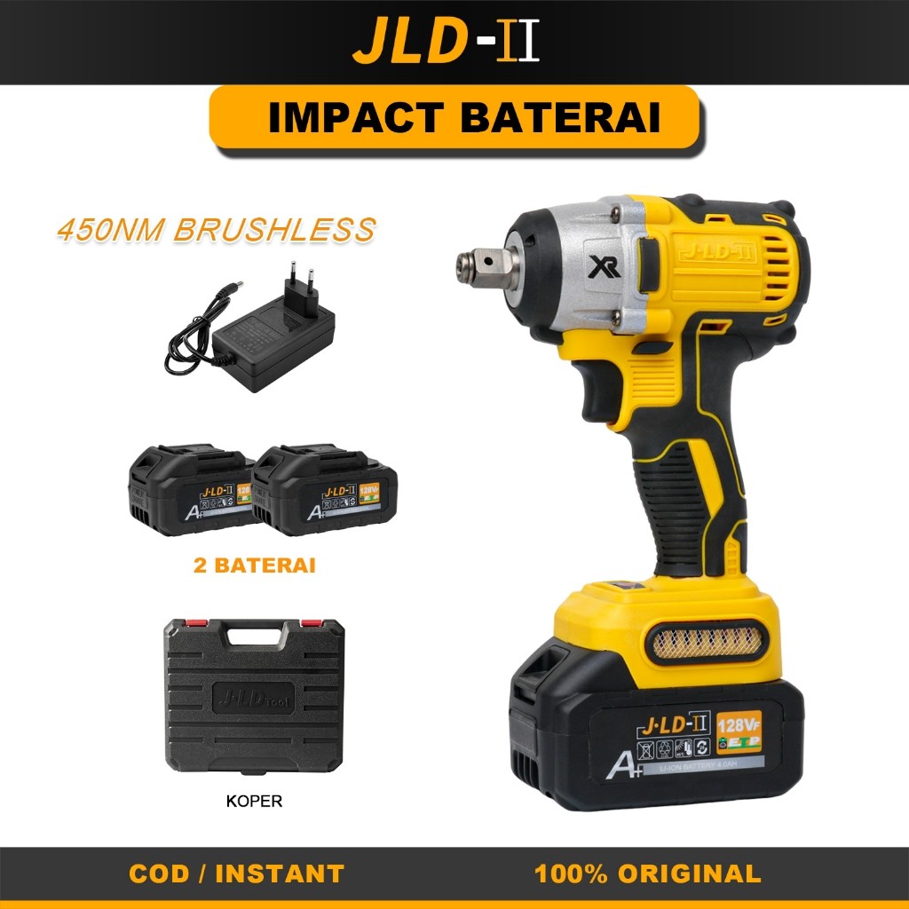 JLD Brushless & Cordless Mesin Bor Impact Set Murah Impact Wrench 128VF 2baterai JLD-II 450NM impact