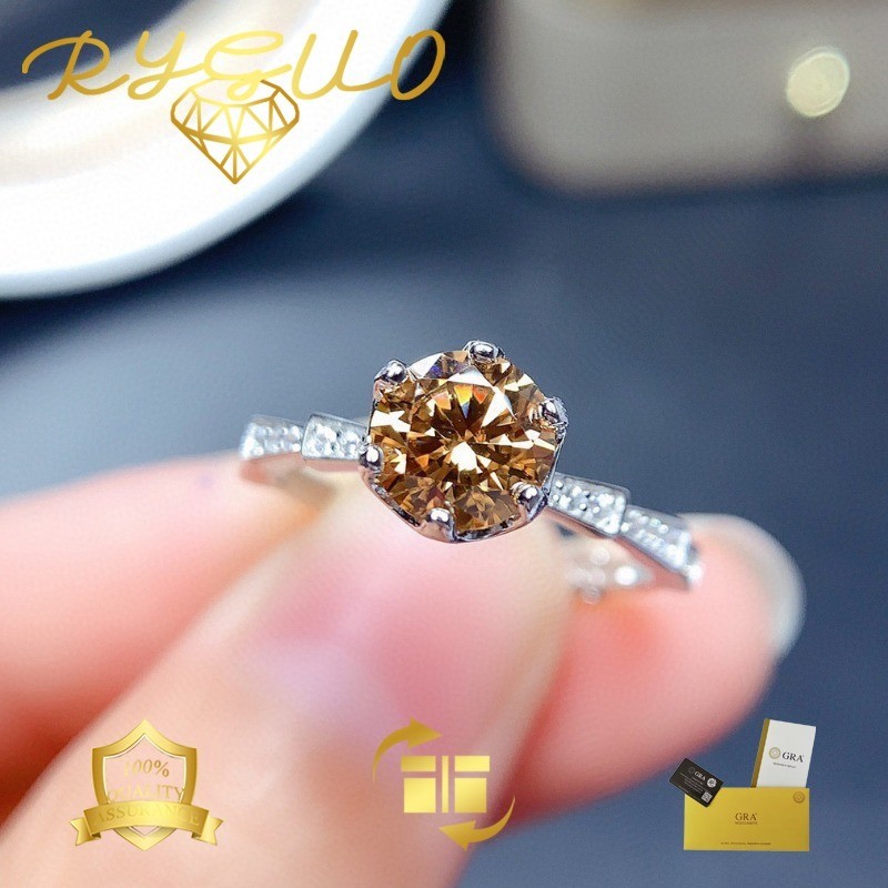 RYGUO Cincin Terbuka Moissanite Warna Champagne PT950