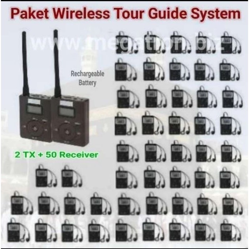 Paket Wireless Tour Guide System (2 Transmitter + 50 Receiver) - rechargeable battery - Coock buat U