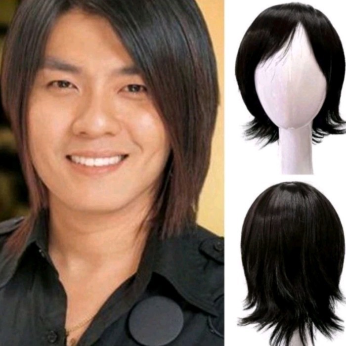 WIG PRIA RAMBUT PALSU PANJANG DIATAS BAHU HITAM NATURAL WIG KOREAN ARTIS RAMBUT WIG COWOK