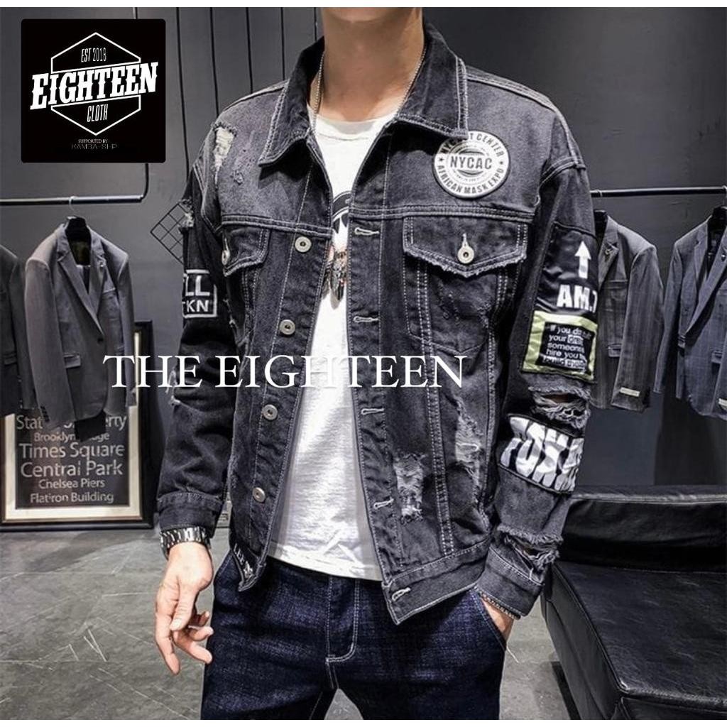 Jaket jeans pria model tempel sobek terbaru atasan cowok jumbo levis korea bisa bayar di tempat
