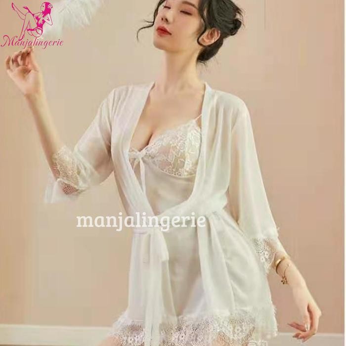 LINGERIE BAJU TIDUR WANITA DEWASA 1SET (BRA,CD,KIMONO) 1399 - PutihTerlaris