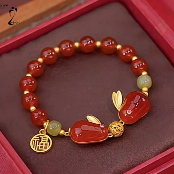 COD Gelang Furui Kelinci Keberuntungan Kacang Merah Kristal Asli Giok Desain Gaya China retro Serbag